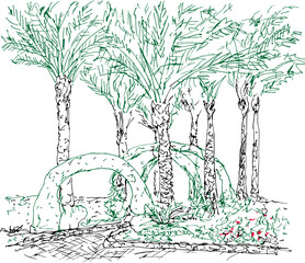 Arches of living plants over the path for ceremonies in the park, surrounded by palm trees and flower beds. Line drawing in 3 colors