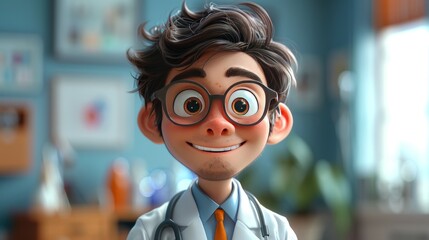 Cute boy with funny face as doctor on blurred background, 3D