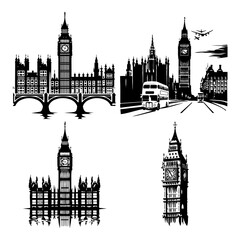 Fototapeta premium Big Ben and the Houses of Parliament in London, including street scenes with buses and airplanes, capturing the essence of British landmarks. Black and white vector illustration,