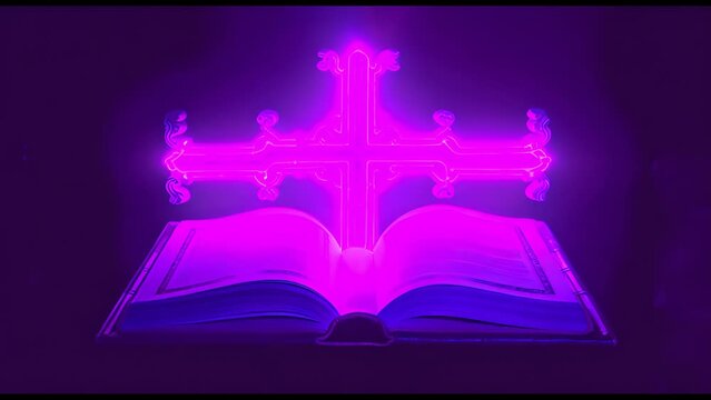 Bible with neon effect. Religious education. Bible study. Christian education.	