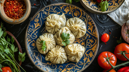 Crispy khinkali, stuffed with meat, a traditional Georgian dish.