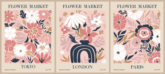 Obraz premium Set of abstract Flower Market posters. Trendy botanical wall art with floral design in pink pastel color. Modern naive groovy funky interior decorations, paintings. Hand drawn Vector art illustration