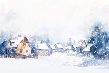 A beautiful watercolor scene of a quiet village snowfall, each flake delicately painted, isolated with a white background