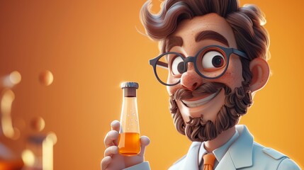 Funny cartoon scientist with a bottle of orange juice. 3d