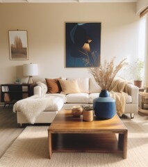 modern living room with beige sofa and wooden coffee table, boho interior design