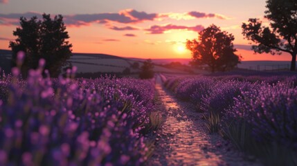 Enjoying a leisurely bike ride through the lavender fields in Provence France with the fragrance of lavender in the air and the summer sun setting in t