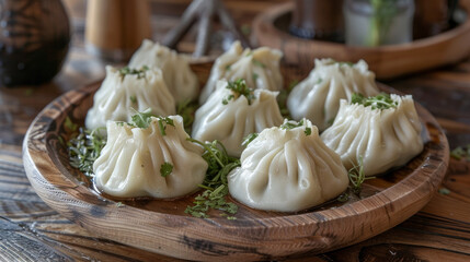 Delicious Georgian dumplings called khinkali are plated on a wooden platter filled with luscious herbs.