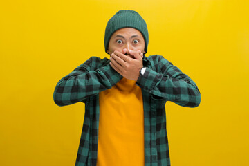 A surprised young Asian man, dressed in a casual shirt and sporting a beanie hat, is signaling for...