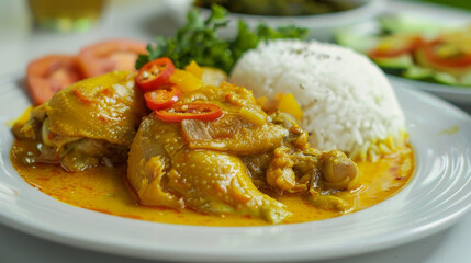 Enjoy a delicious meal of chicken curry with rice, yellow curry chicken, or chicken feet soup with a flavorful yellow curry broth.