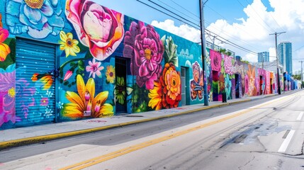 Colorful street art covering the walls of the Wynwood Arts District in Miami turning the neighborhood into an outdoor gallery of vibrant murals and gra