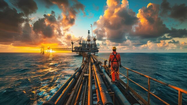 Panorama view oil and gas platform installed in the middle of the sea