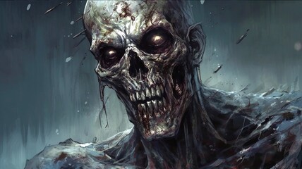 Creepy zombie man skeleton   its face contorted in a menacing expression