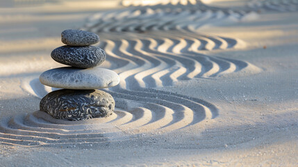 Fototapeta na wymiar Zen stones on raked sand with circular patterns