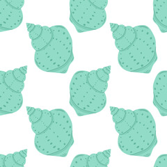 Seamless pattern shells on white background. Vector illustration. Marine summer background. Trendy pattern in flat style, design for wrapping paper, wallpaper, stickers, notebook cover.