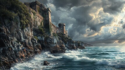An ancient castle perched on a steep cliff overlooking a turbulent sea. The walls are weathered and covered with ivy and a storm is brewing in the back - Powered by Adobe