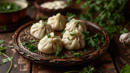 Georgian dumplings, known as khinkali, are a delicacy traditionally served on carved wooden plates with fresh herbs.