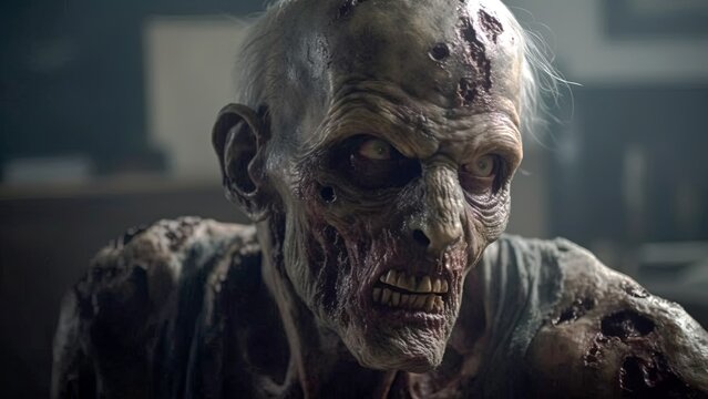Zombie man with gray hair and scarred face, depicting a sinister and disturbing appearance