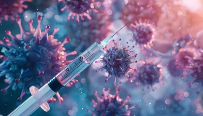 A dynamic 3D animation showcasing a syringe delivering a powerful virus vaccine catches the eye, Sharpen banner template with copy space on center