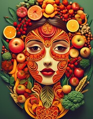 Human face made with fruits and vegetables.