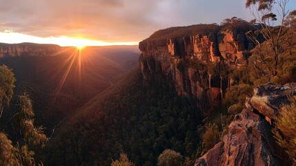 A sunrise hike in the Blue Mountains of Australia revealing breathtaking views of rugged cliffs dense eucalyptus forests and distant waterfalls as the