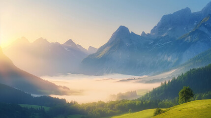 Fototapeta premium Mist-covered mountains with forest