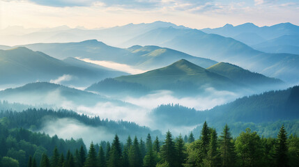 Obraz premium Mist-covered mountains with forest