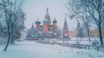 A snowy scene at St. Basils Cathedral in Moscow