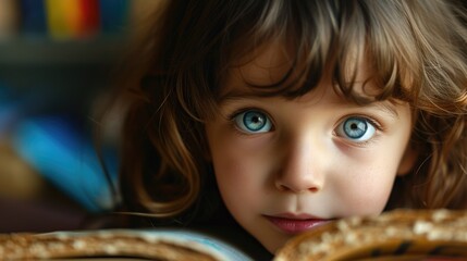 Close up of attractive child reading a book while looking at camera. Elementary student holding fairy tale novel book or bedtime stories with blurring background. Creative activity concept. AIG42. © InfiniteFlow