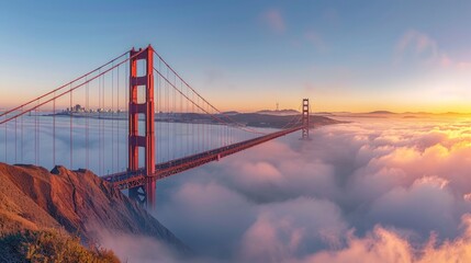 A panoramic view of the Golden Gate Bridge during foggy sunrise with the orange structure partially obscured by mist. The calm waters of the San Franci