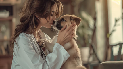 Woman idoctor veterinarian in medical white coat holds a dog in his arms in a veterinary clinic. Veterinarian's day.