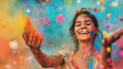 A woman celebrates Holi, a vibrant festival, by playfully splashing color on a canvas.