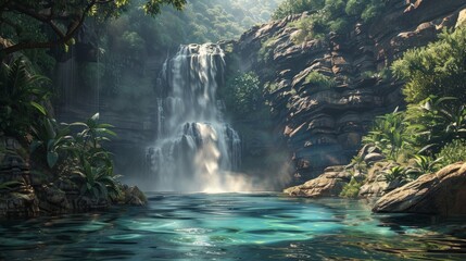 A majestic waterfall cascading down a rocky cliff into a crystal-clear blue pool below surrounded...