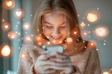 Smiling little girl while social media icons float around them, blurring the lines between the real world and digital space in a collage-style design.