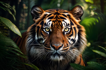 Vibrant tiger portrait in lush habitat