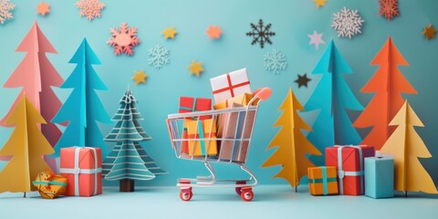 Obraz premium christmas shopping cart papercut modern minimal trendy online shopping