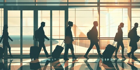 business people at busy airport pulling trolley bags arriving and departing terminal tourists travelling international walking silhouette graphical