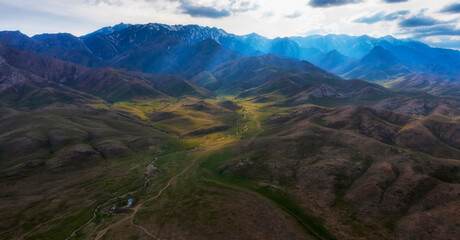 Mystical mountains of southern Kazakhstan, Kelinshektau massif in the Karatau mountains, view from above after rain