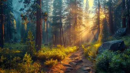 A path through a forest with sunlight shining through.