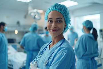 Portrait of a smiling nurse in front of her medical team.