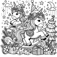 A coloring page of two unicorns image attractive lively illustrator.