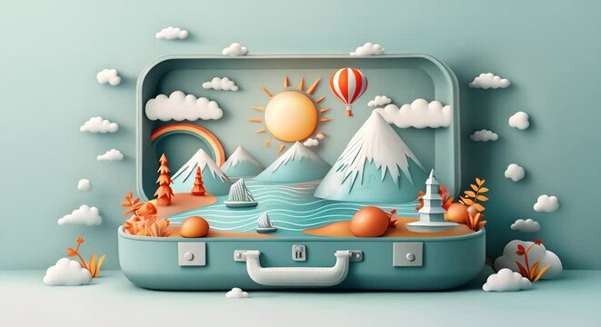 Open traveling staircase with mountain landscape, hot air balloon and scenic view, travel concept 3d	
