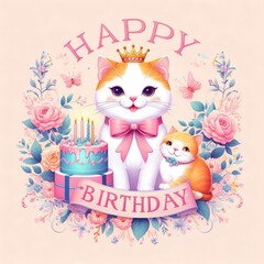 A cat with a crown and a cat and a cake realistic lively card design illustrator.