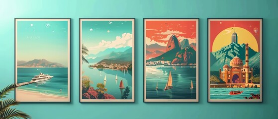 Colorful vintage travel posters on a wall, flat design, side view, travel through time theme
