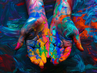 A woman's hands are covered in colorful paint.