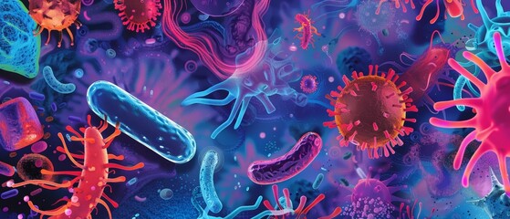 An illustration of microbiology showcases diverse bacteria as seen under the microscope, sharpen banner template with copy space on center