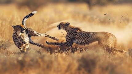 Two cheetah fighting in the savannah