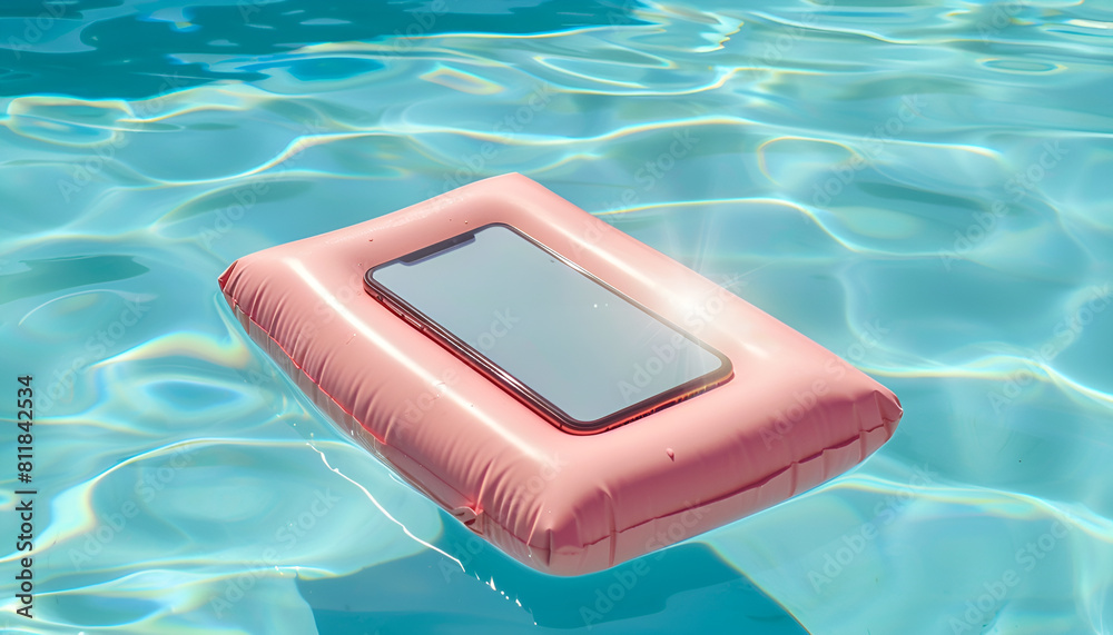 Wall mural Smartphone on inflatable mattress floating in swimming pool at summer vacation. Mobile phone mockup with blank screen