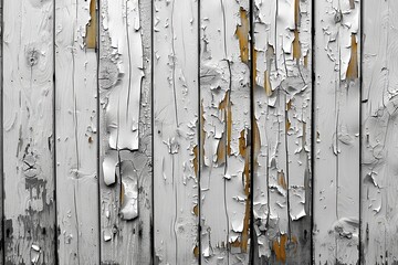 Strong focus on the weathered texture of white peeling paint on wooden boards, evoking a sense of age