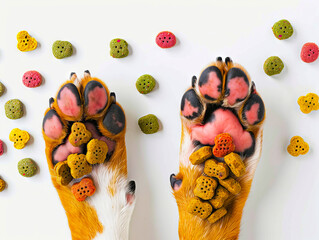 A dog's paws with food on them.