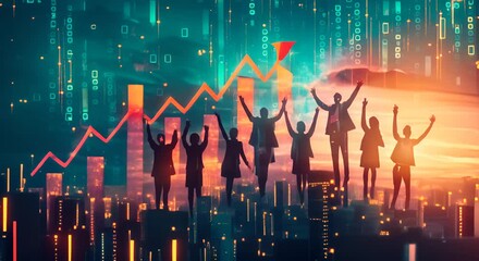 Business people celebrate success with an upward arrow showing progress, in the style of silhouette graphic, teamwork achievement	